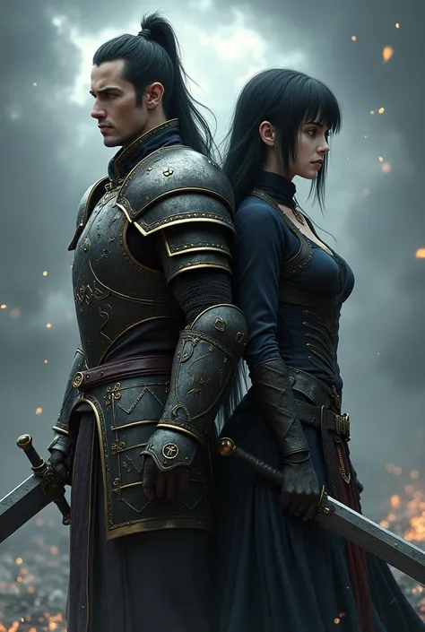 A human warrior in armor and a black-haired anime-style woman thing