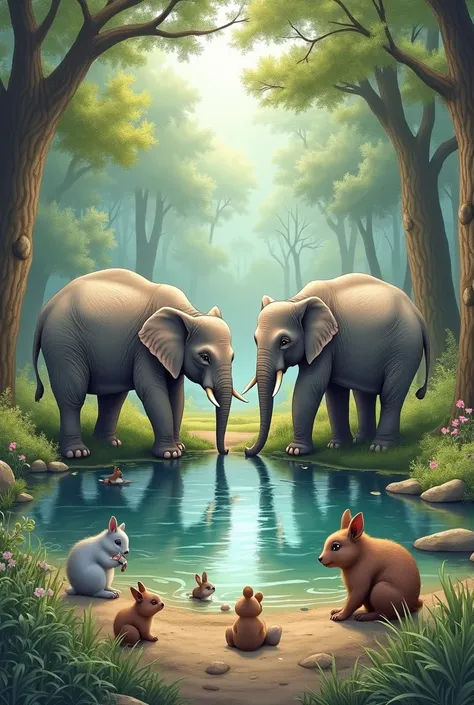 A forest where there is a pond where the elephants are drinking water and the squirrels and rabbits and birds cannot drink it and are sad, let it be drawing
