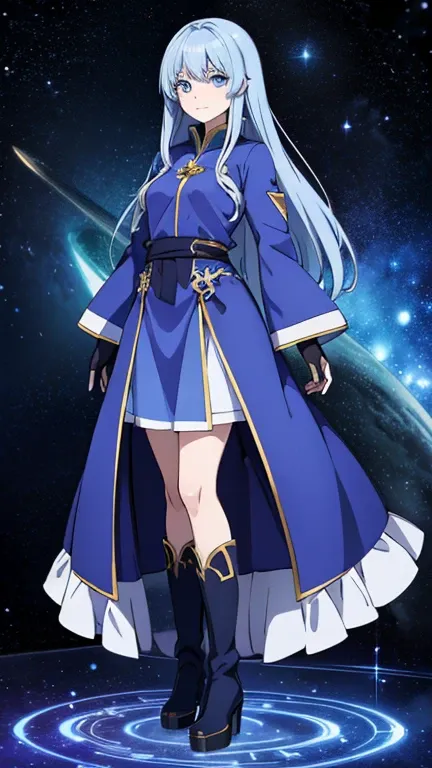 Anime Drawings、Full body portrait、Fantasy world characters、Height: about 160cm、Female Wizard、Wearing a blue robe and long skirt、Blue eyes、Blue long hair、gloves、boots、background:universe space