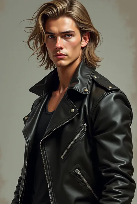 I want to create a boy character , high 1.95 , hair between dark blonde and light brown , with Austin Butler&#39;s face, but with long hair , and a biker style leather jacket , straight hair white skin , Without Beard , male face with marked jaw , strong i...