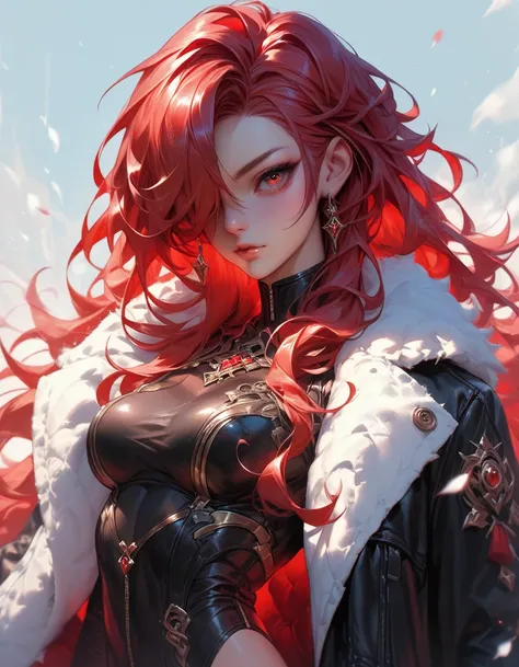 score_9, score_8_up, score_7_up, score_6_up, score_5_up, mitsuru, 1girl, solo, red hair, long hair, hair over one eye, red eyes, bodysuit, fur coat
