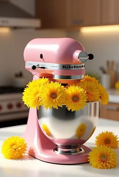 Good evening, can you create a beautiful image of a pink professional Kitchenaid mixer with its mixing bowl full of yellow flowers?