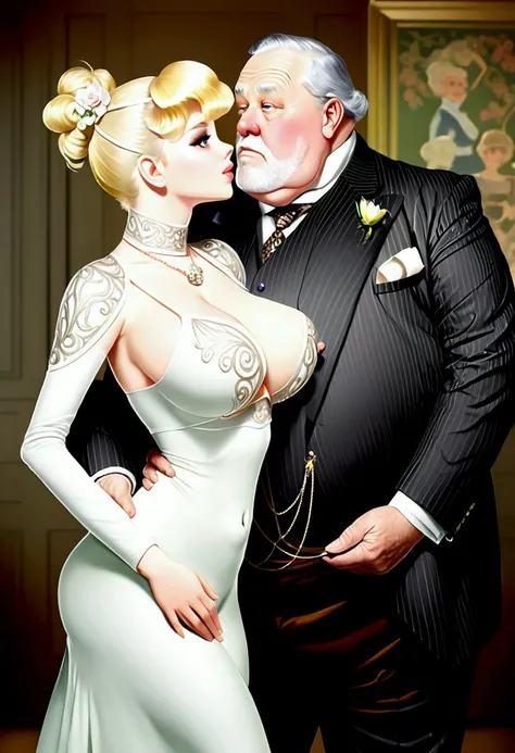 portrait of (((a small gorgeous well-endowed 14yo blonde bimbo groped by her large elderly overweight 69yo suitor))) in the parlor, art nouveau drawing. Year 1901. 1900_dr3ss. Girl wearing a fashionable Edwardian outfit and hat, hourglass figure. Ugly old ...