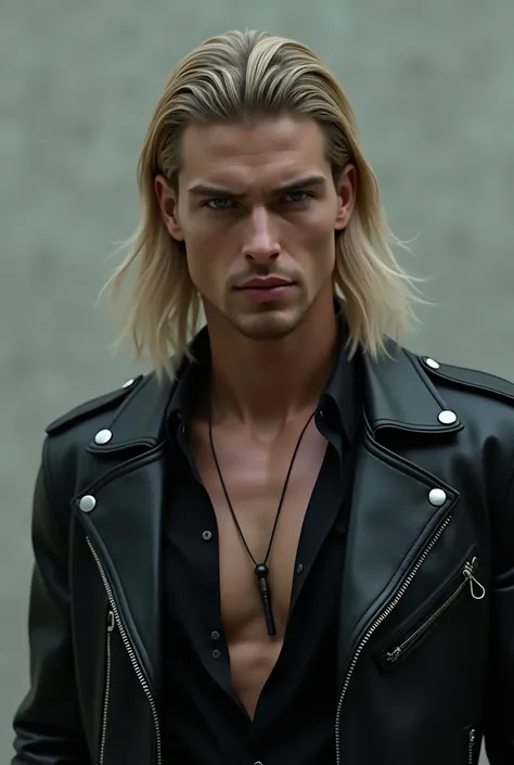 I want to create a boy character , high 1.95 , hair between dark blonde and light brown , with Austin Butler&#39;s face, but with long hair , and a biker style leather jacket , straight hair white skin , Without Beard , male face with marked jaw , strong i...