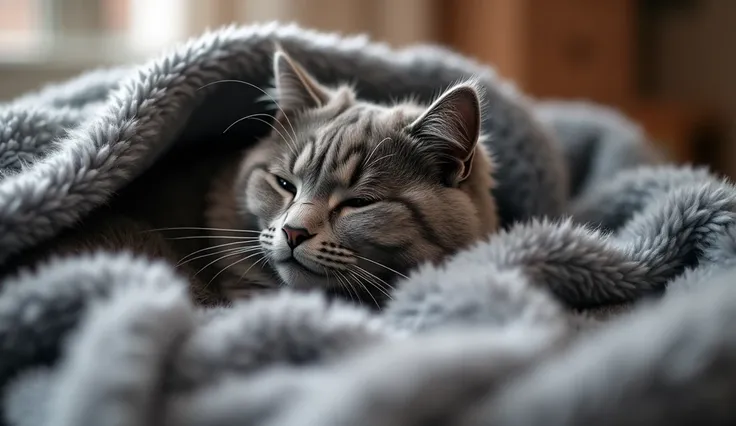 a cat in a gray cat blanket