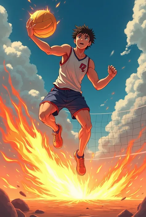 a volleyball male player(14 yeas) on the court jumping to cut the flaming ball.
Anime style