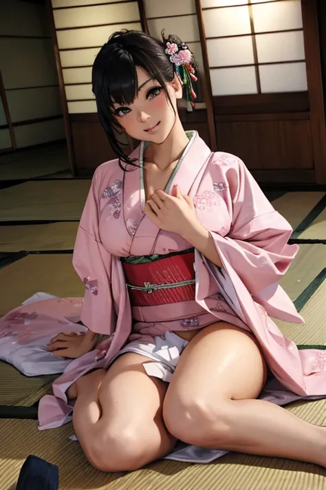 ((Best Quality)), ((masterpiece)), (detailed),Perfect Anatomy 1.5,Natural Light,Steam 1.3,Sweat all over the body,(((Full-body shot of a childlike woman on a tatami mat in a ryokan,Blushing and so cute))),Woman with long, supple black hair,Shiny hair,((Bes...