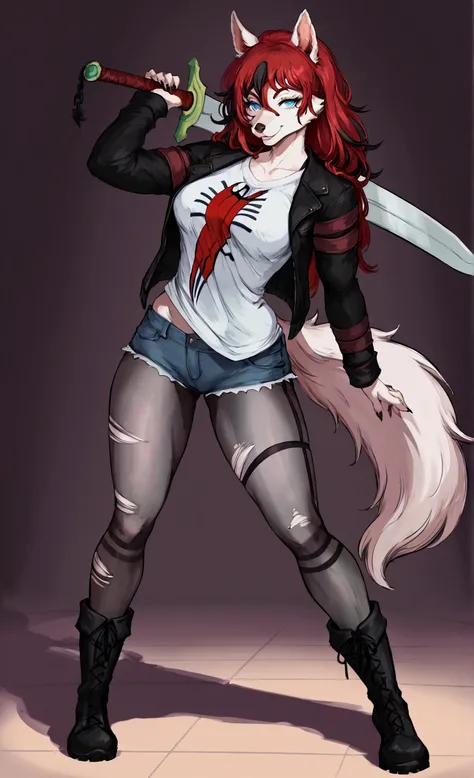 masterpiece, conceptual anthro fantasy anime style, a beautiful adventurer, (anthro white wolf woman), ((long red hair with black highlights)), open jacket over a loose t-shirt, short jeans, ripped tights, boots, hourglass figure, mature beauty, (((posing ...