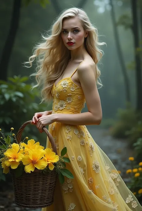 a very beautiful blonde woman, red lips, well-combed hair. dressed as a witch, she wears a long dress printed with yellow flowers and in her hands she carries a basket with yellow flowers