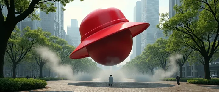 A strong wind blew through the city park and a giant red hat floated in the air upside down like a balloon..

Seed: 3487356551