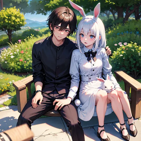 Make a human being, Male gender, totally white, faceless, sitting on a bench, with a rabbit animal on her lap, fucking him 