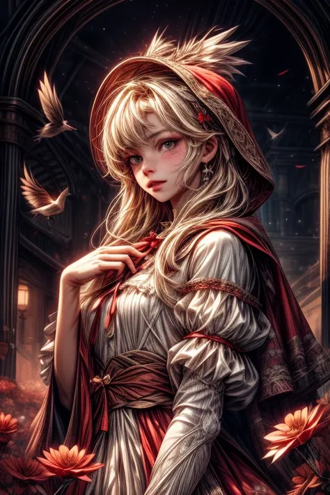 Princess in Little Red Riding Hood Tale to capture a moment of deep contemplation. Her expression should be a mix of curiosity and a touch of discomfort, as if she is deeply questioning reality and her place in it. His big eyes were supposed to be wide ope...