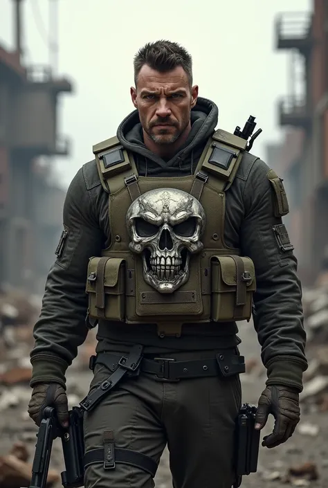 A soldier wearing a vest with a skull drawn on the vest 

