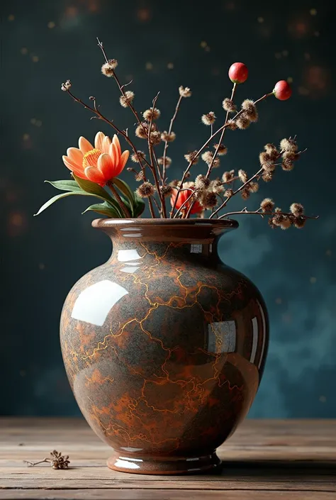 Hyperrealistic_masterpiece, state_of_the_art_amazing_unreal_engine, "A ceramic jar made it from polished and reflectant clay ceramic from a still modern arrangement from a jar and still life emerge inside from the jar in kintsugi intricate setting", master...