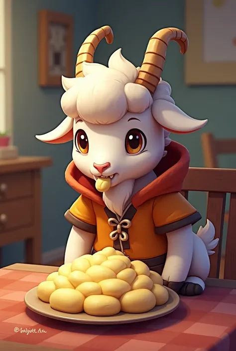 Goat dressed as Brawl Stars the game eating mashed potatoes 

