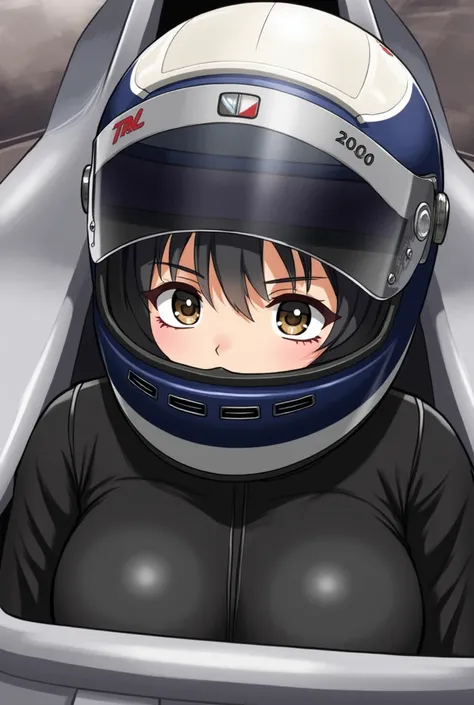 1girl is wearing F1 helmet, (((Shoei Pearl))), circuit, ((Sit in an F1 cockpit)), difficulty breathing, Japanese Girls, pretty girl, Black Hair, (((Racing helmet))), (((Full Face Helmets:2.0))), ((Covered my mouth)), Covered Nose, (((Face area is too small...