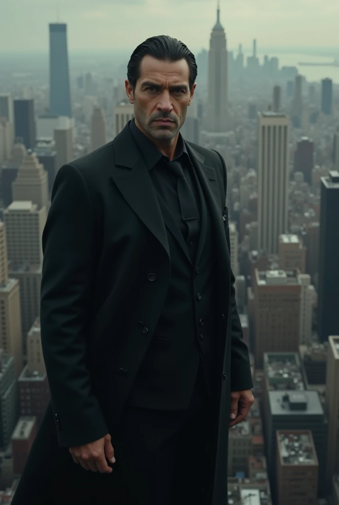 Handsome mafia man, in black suit, black hair black eyes, He is tall and powerful,  transmits power, authority below him you can see the city of New York that he controls they call him The Master of the Balkans High resolution, Alone, jealous, expressionle...