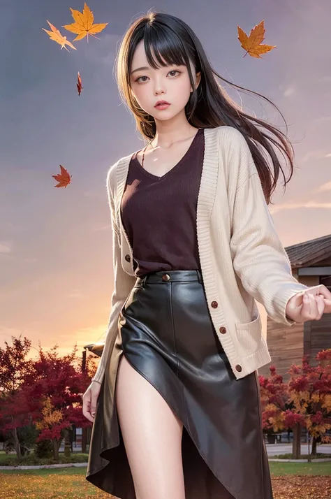 A 20-year-old woman standing in an autumn landscape during sunset. The sky is red, with leaves gently swaying in the breeze. She wears simple fall clothing like a cardigan and skirt. Surrounding her are slightly faded trees and soft autumn colors, with red...