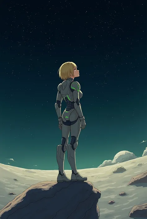 A light blonde, tan skin girl looking up at the star, she on top of the moon in space, wearing a black mecha suit with green neon circuits, 