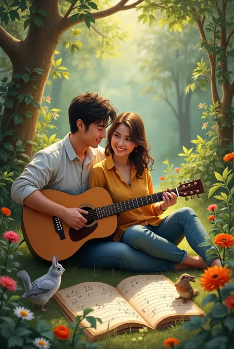 man and woman writing songs with a guitar in hand, and song sheets on the side, between nature and animals 