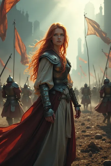 Create a more realistic image featuring a gigantic medieval war with a beautiful 20 year old girl with red hair and blue eyes with several rays falling from the sky