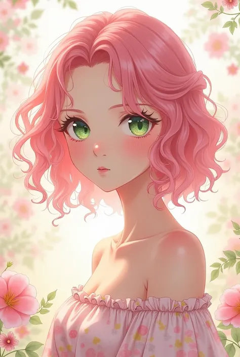 Beautiful anime girl with curly pink hair, white tea, with freckles, almond-shaped green eyes, slim body, average height, Sweet face in a flower dress