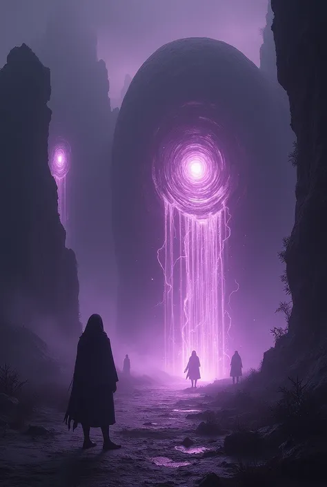 mysterious place with purple dimensional portals, that causes fear 