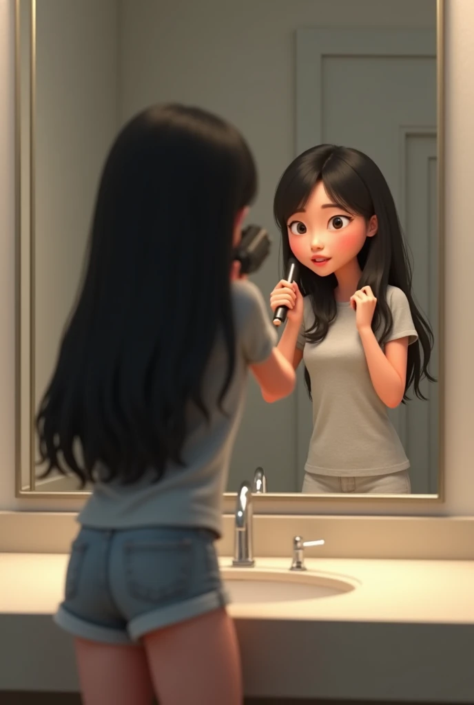 Girl in her 20’s, with very long straight black hair, wearing light grey cotton T-shirt and shorts, blow drying her hair at grey hotel mirror. Pixar style 