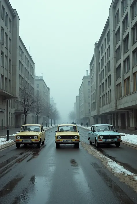 Photo of an empty street in East Berlin in the mid-80s with 3 Trabant cars and a hyper-realistic look with muted tones and colors, and brutalist architecture, cold cloudy day 