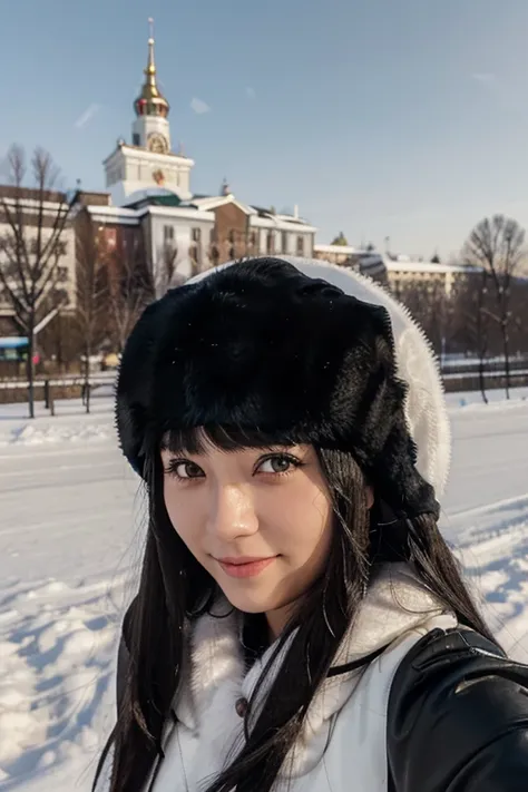 Make a girl with white skin, black Japanese eyes with eyeliner, long black hair with straight bangs. She is wearing a black peacot, black russian ushanka and she is in a landscape of Russia. She is taking a selfie smiling forward.