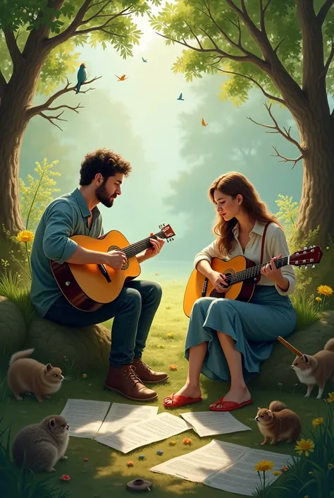 man writing songs with a guitar in his hand, and song sheets on the side, between nature and animals woman with a guitar on one side and a pencil in her hand 