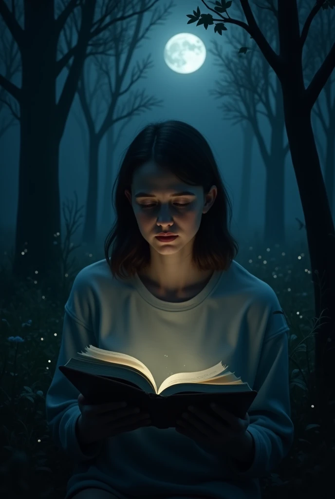 20 year old adult reading a book at night in a forest 
