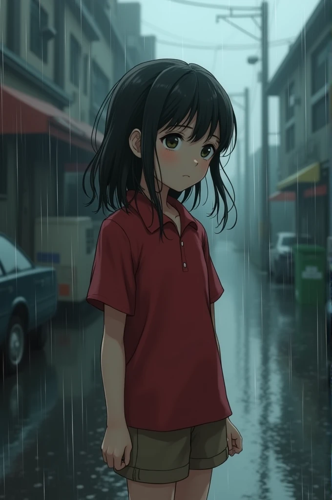 Create an image where a girl is in the rain with brown shorts and a red polo shirt with loose black hair 