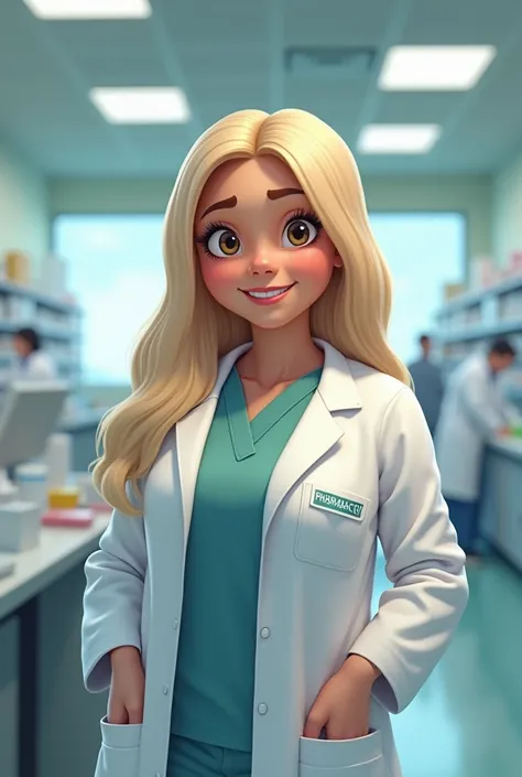 Create an image of a pharmacist in a large hospital in a lab coat with the pharmacy emblem , with long hair, straight and dark blonde, white with small eyes and medium brown with a round and chubby jovial face