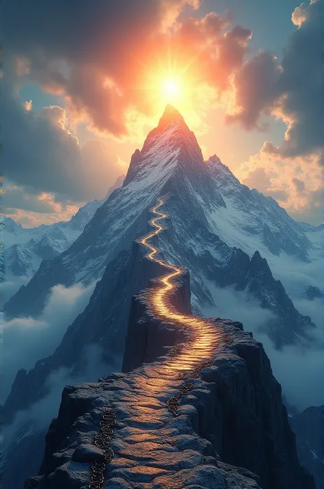 A mountain scene where the peak is surrounded by vibrant, hopeful light. Along the mountain path are symbols of challenges (a broken chain, storm clouds) leading to success (a shining star at the summit).  