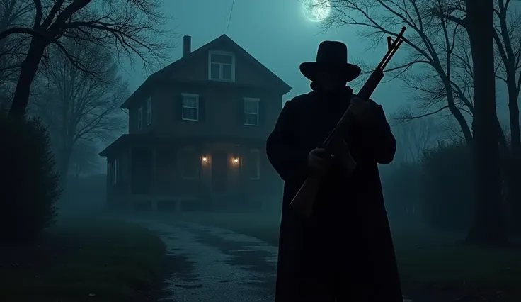 “A dark night at 112 Ocean Avenue, Amityville, with a shadowy figure holding a rifle.”