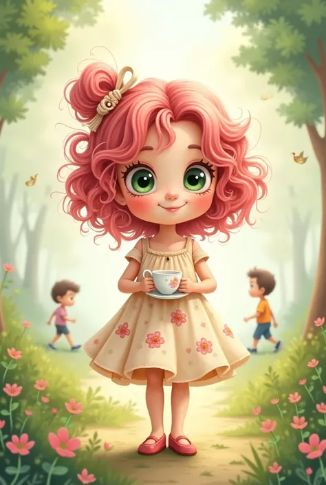 Beautiful cartoon girl with curly pink hair, white tea, with freckles, almond-shaped green eyes, slim body, average height, Sweet Face in a floral dress with two boys walking away on either side