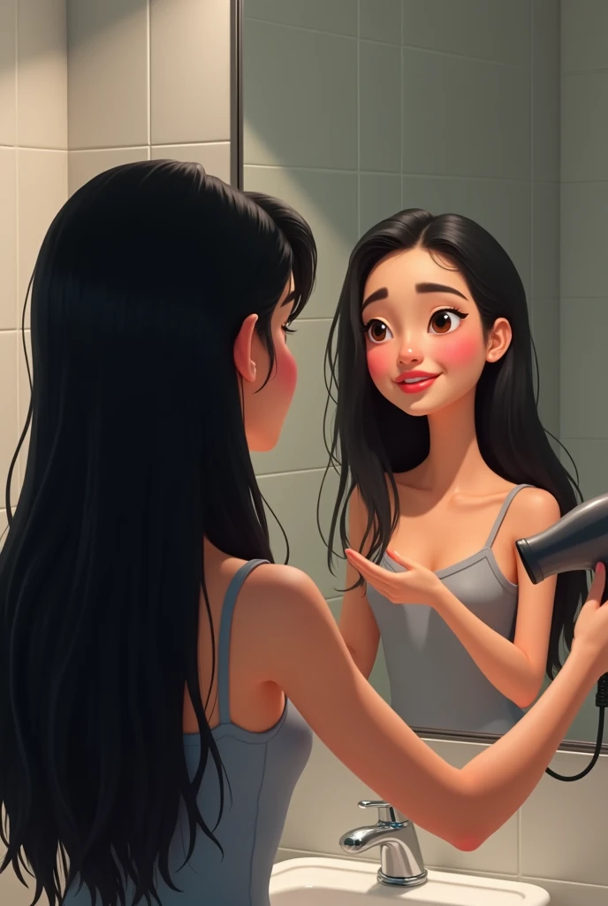 Girl in her 20’s, with very long straight black hair, wearing light grey cotton T-shirt and shorts, blow drying her hair at grey hotel mirror. Pixar style cartoon 