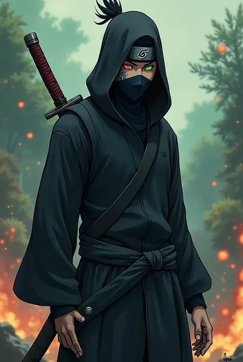 A character from the anime Naruto wearing a black outfit, the black left eye and the rainbow right eye with a scar on the left eye, a katana on his back and a leaf village bandana turned sideways on his head, he has explosion powers 