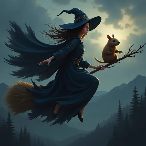 Witch flying on a broomstick with a mini capybara 