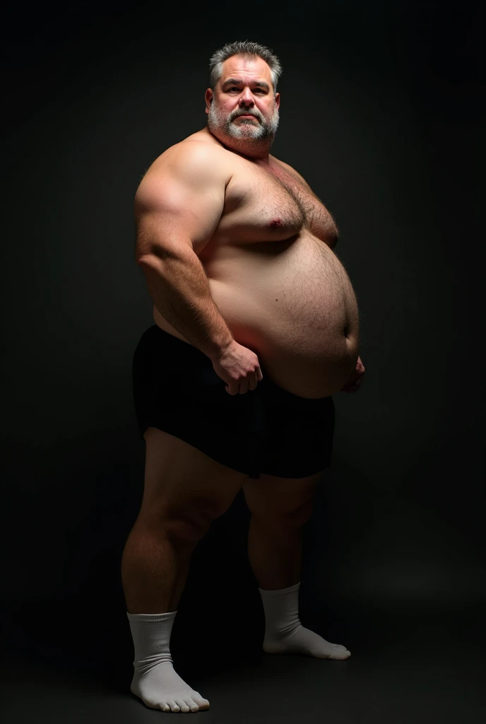  side view, Manly Chubby  homem gordo de cueca esportiva boxer preta, 40 years, dramatic lighting, professional photo, full body, wearing white socks, hairy belly, horny bear