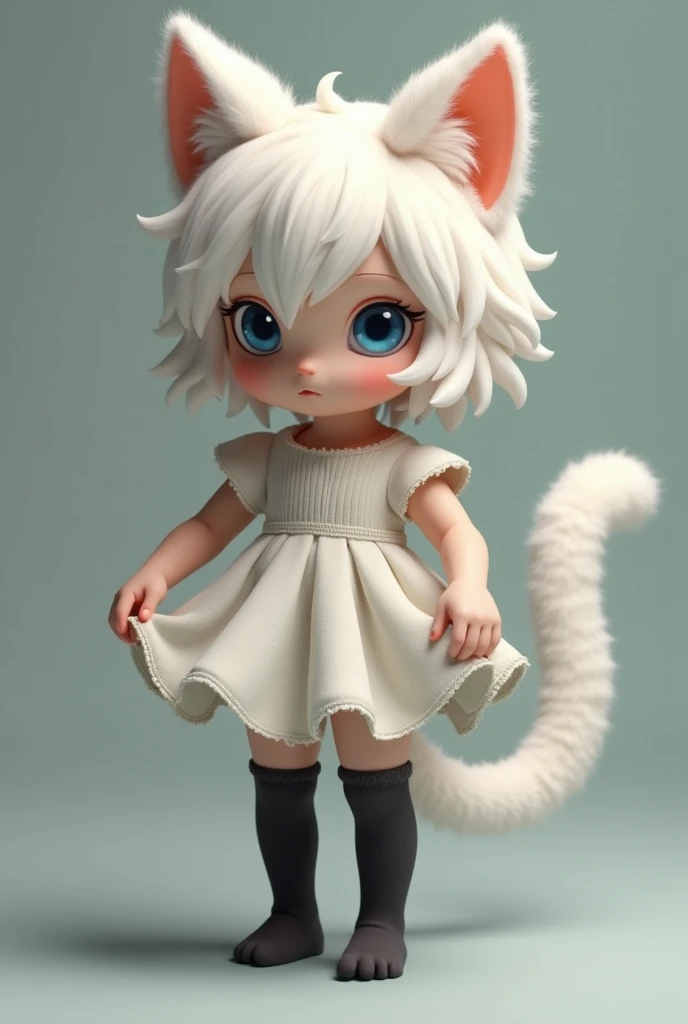 Little  with white ears and a cats tail wears a small skirt，lolicon, Lift the skirt with your hands，Has blue eyes，Wear black pantyhose stockings on the legs