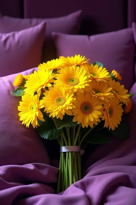 A bouquet of yellow flowers on a purple bed 