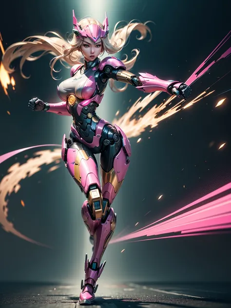 A dynamic female robot running at high speed、Clenched fist、solo、Metallic pink body、Large Breasts、Extremely long legs、Perfect proportions