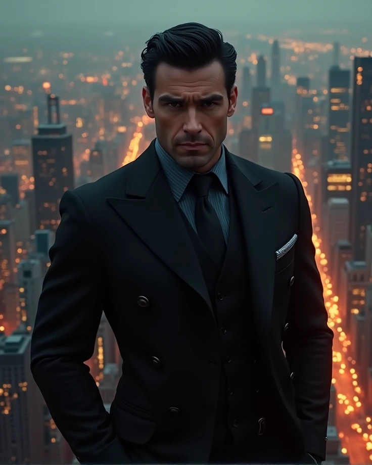 handsome italian man, in black suit, black hair black eyes, He is tall and powerful,  transmits power, authority below it you see the illuminated city of New York that it controls, physically perfect desirable