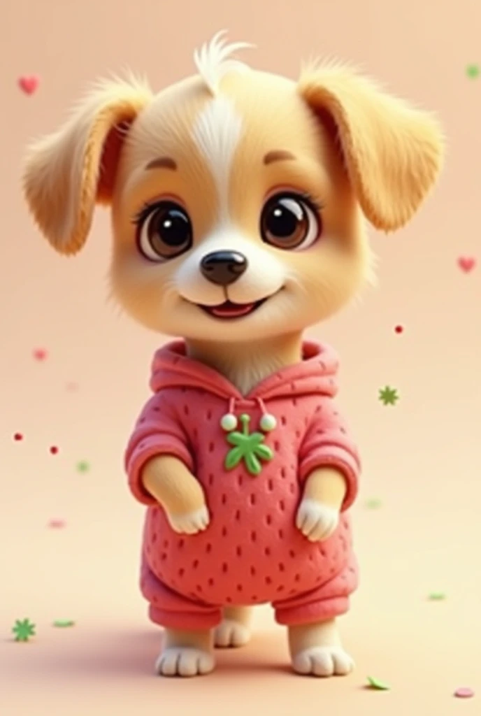 a little beige dog, with strawberry clothes, with an innocent look, very realistic cartoon type, in 3d