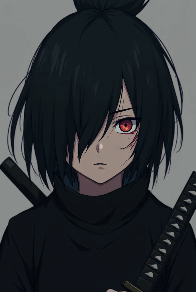 A Naruto character with a black left eye and a colorful right eye., with a scar on his left eye, a katana but back Short hair and black clothes