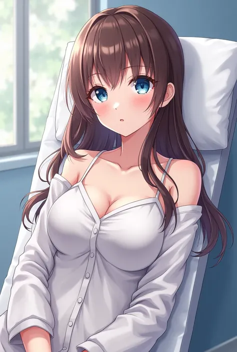 One girl, solo, Large Breasts, blue eyes, Brown Hair, smile, Anime Style, Shortcuts, Obstetrics and Gynecology,Examination table,vagina