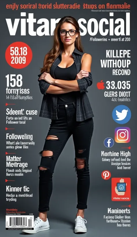 A magazine cover with the title "vitaminasocial" Large letters very visible, and a subtitle "Social media automation and analytics". The background of the cover are logos of social networks that show their followers., In the front a 40 year old woman with ...