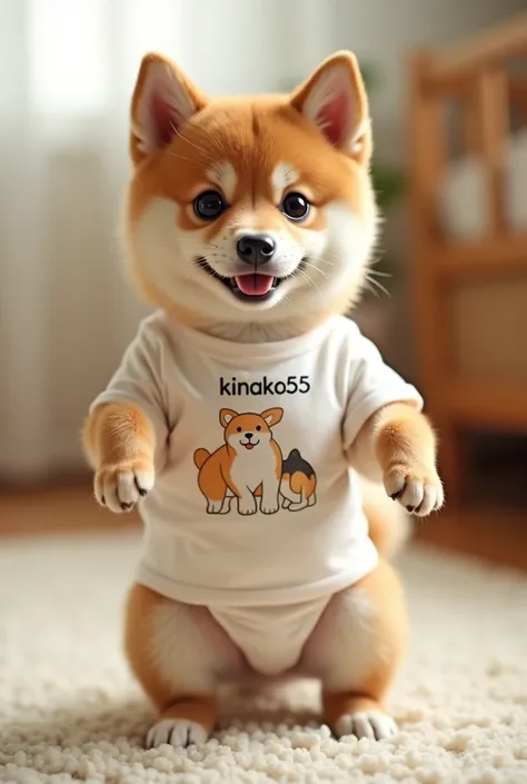 Ugly but cute Shiba Inu puppy、Stand on hind legs、Cute and adorable for women、Big eyes、、She is wearing a fitted white T-shirt with a cute dog print and the word kinako55 written on it.。、She is wearing cute paper underwear..、on site､masterpiece, Blurred Back...